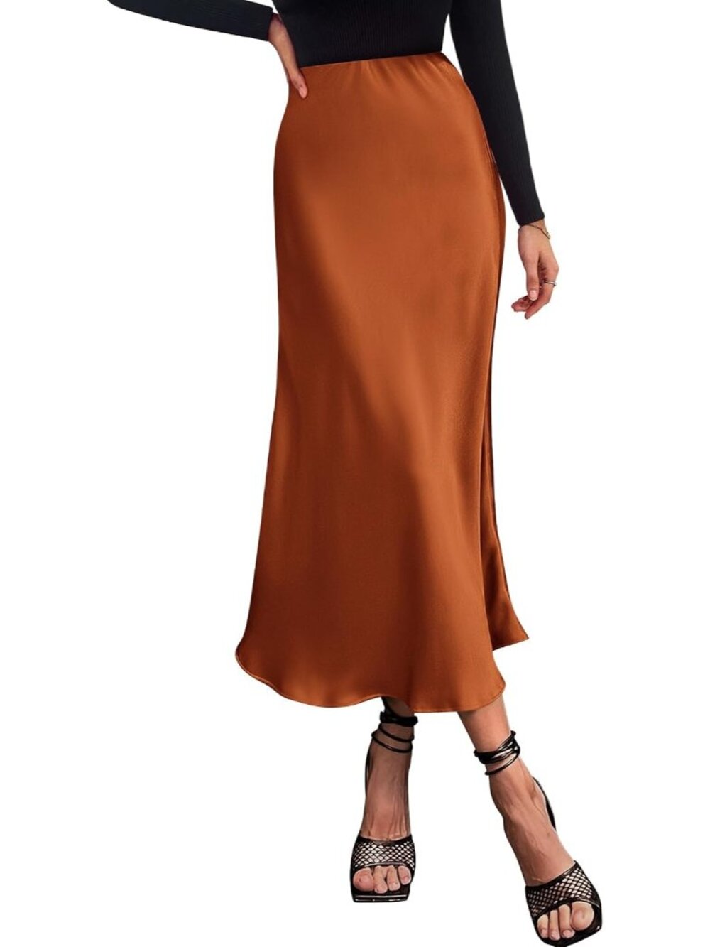 Women Rust Red High Waist Satin Elegant Slip Bias Cut Flowy Long Midi Skirt